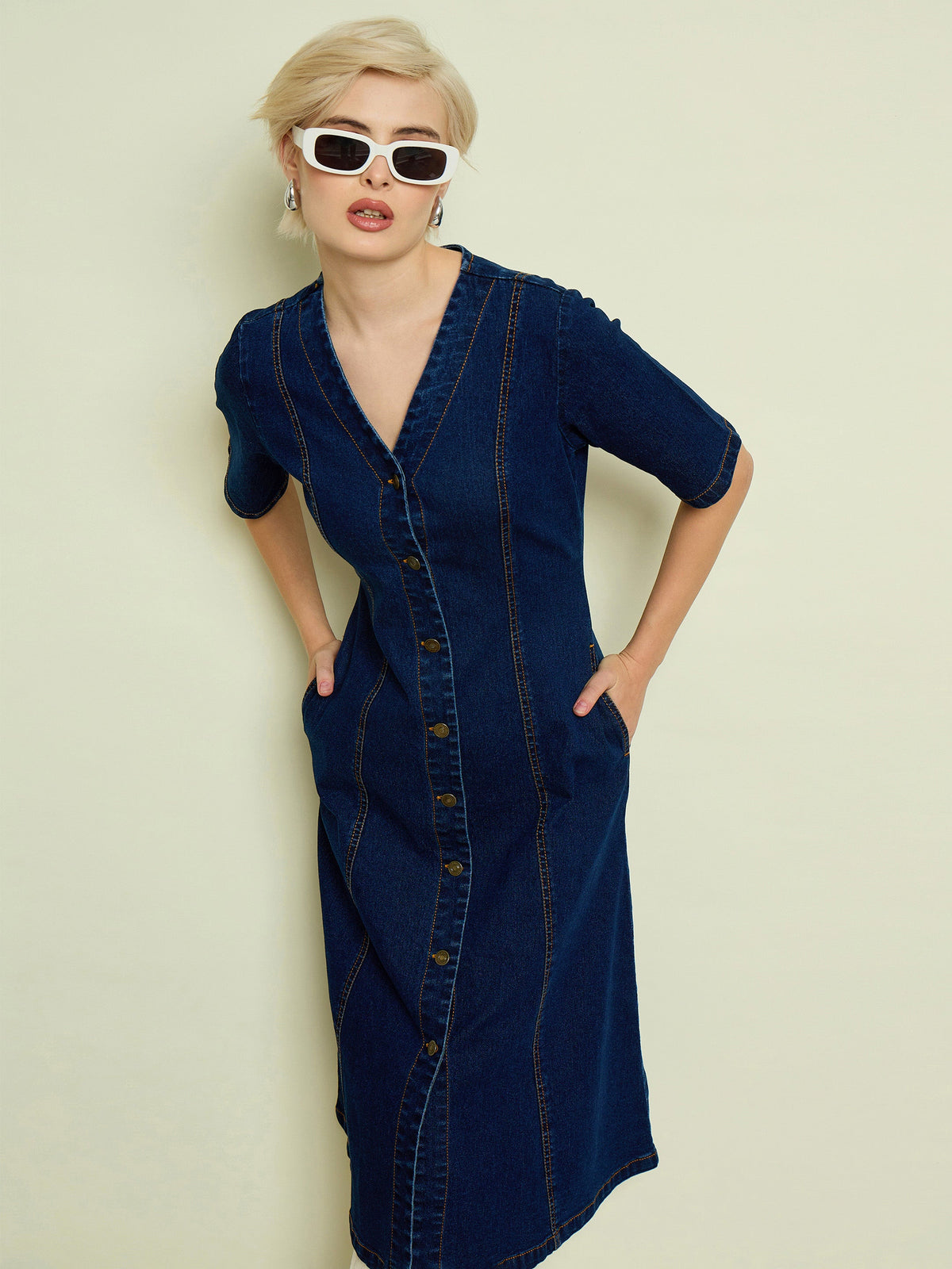 Navy Blue Denim V Neck Midi Dress-SASSAFRAS