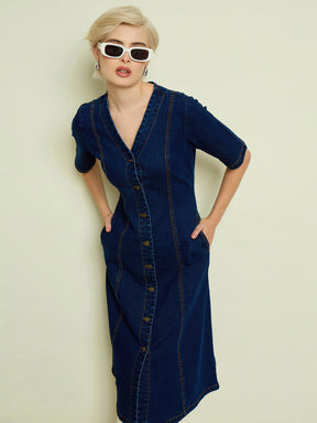 Navy Blue Denim V Neck Midi Dress-SASSAFRAS