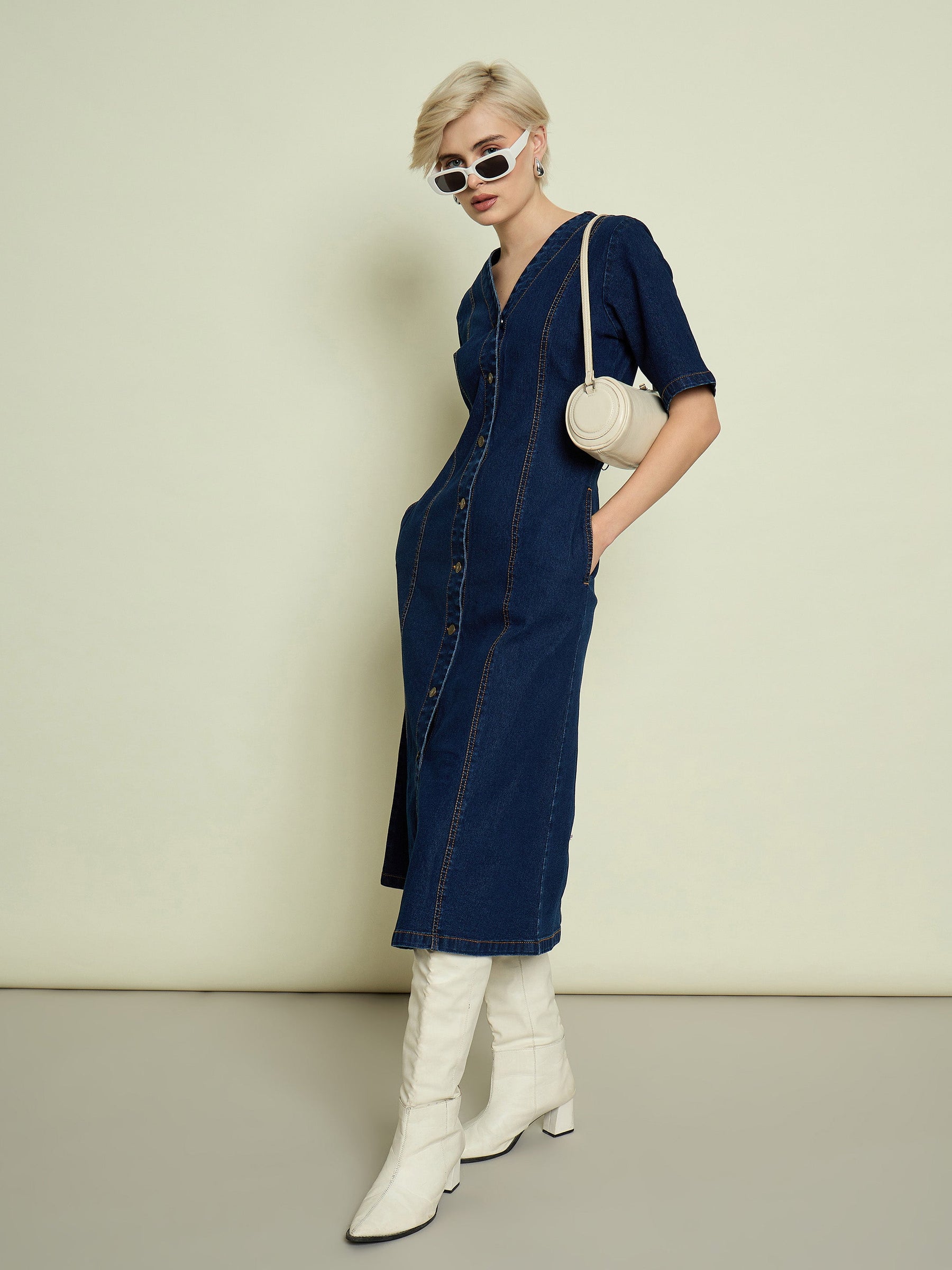 Navy Blue Denim V Neck Midi Dress-SASSAFRAS