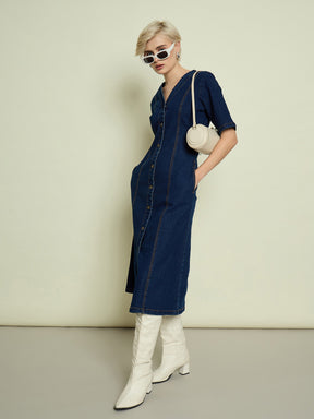 Navy Blue Denim V Neck Midi Dress-SASSAFRAS
