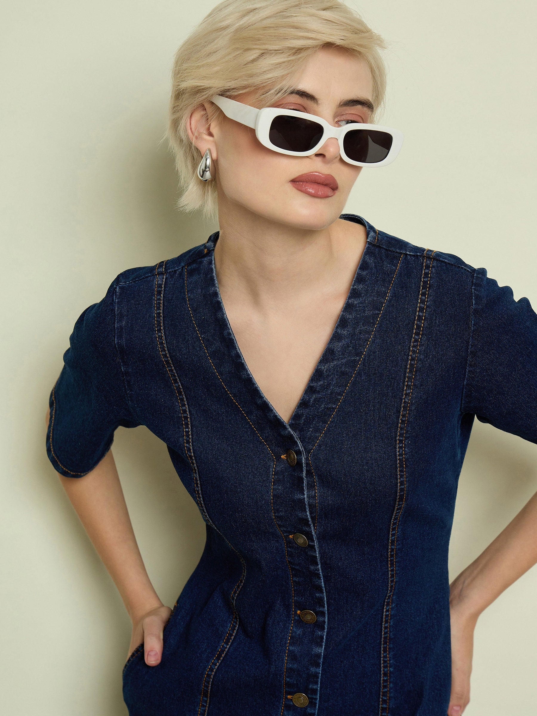 Navy Blue Denim V Neck Midi Dress-SASSAFRAS