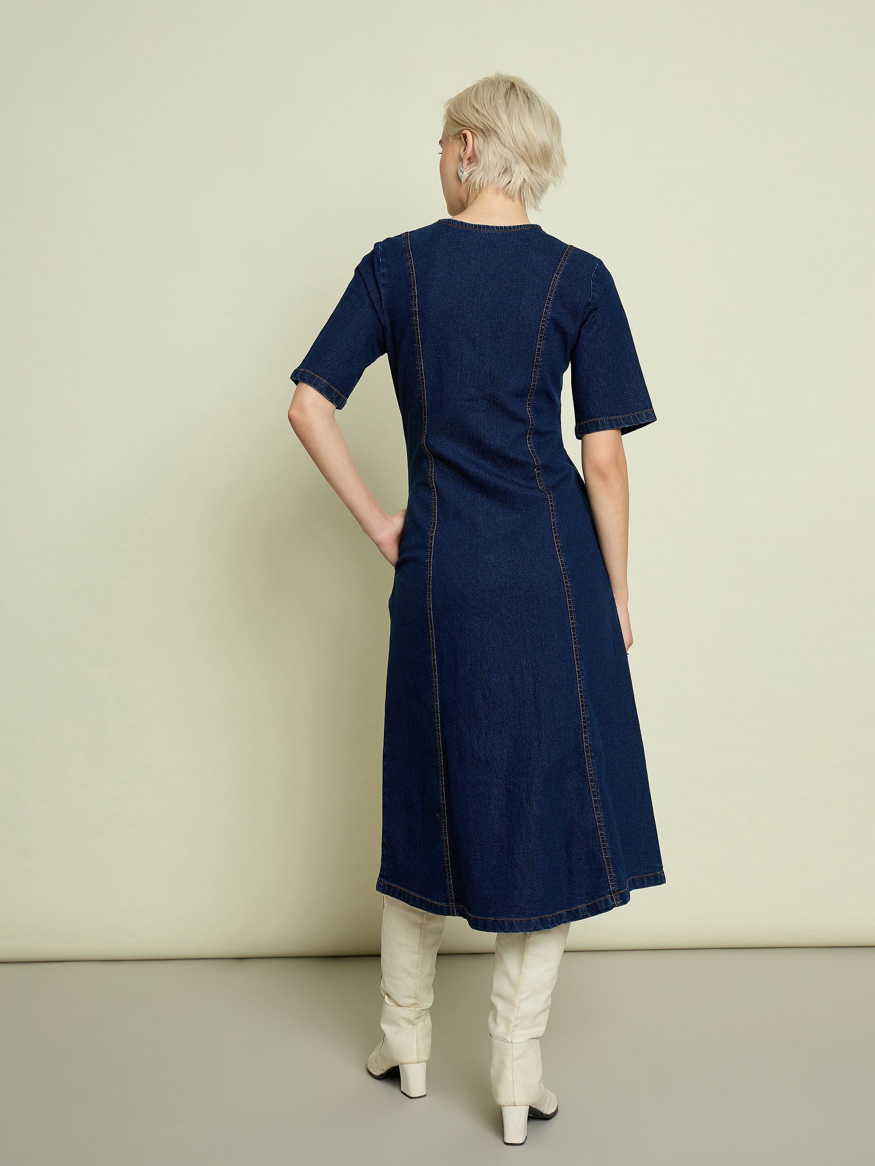 Navy Blue Denim V Neck Midi Dress-SASSAFRAS