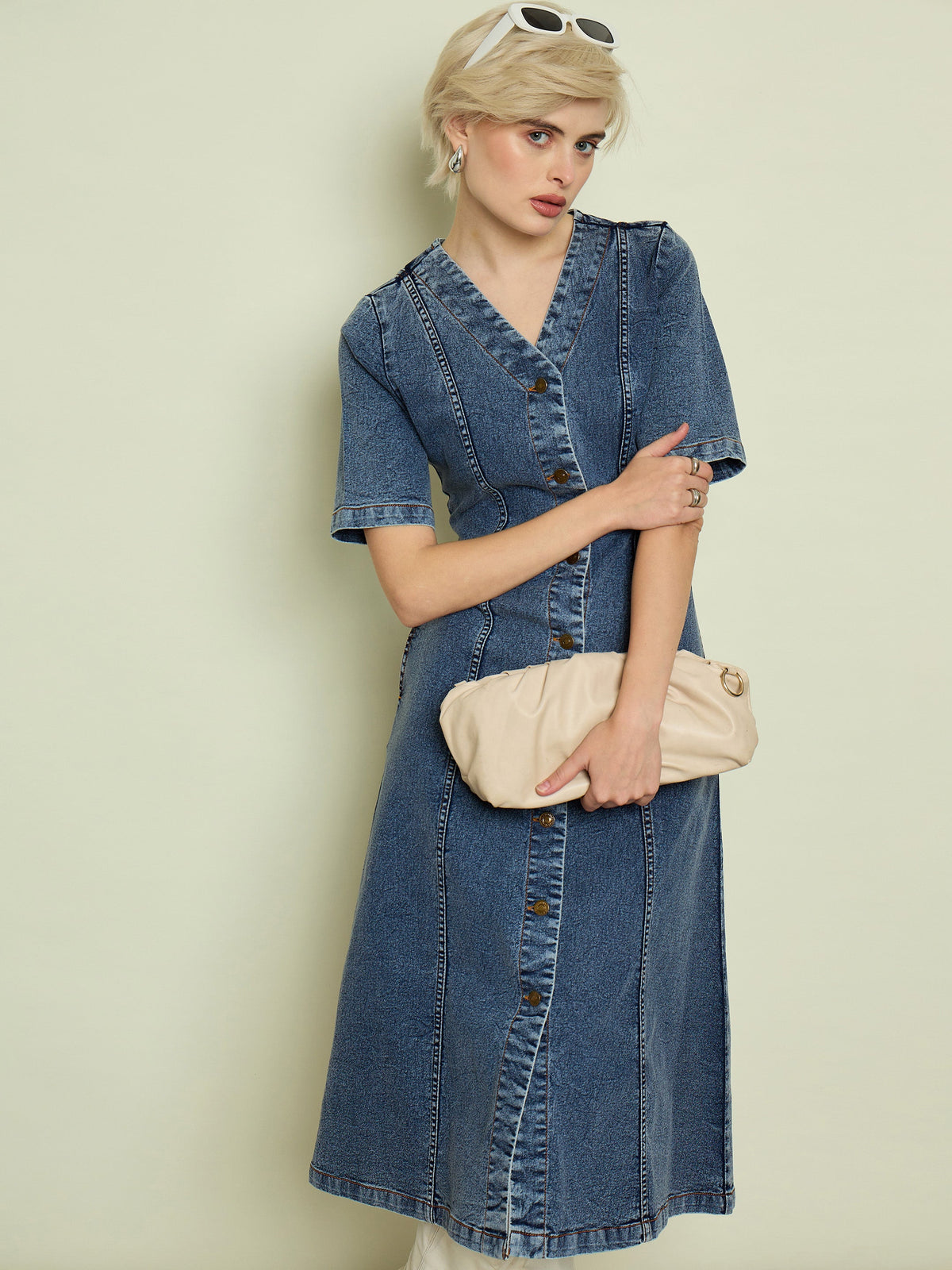 Blue Blast Denim V Neck Midi Dress-SASSAFRAS
