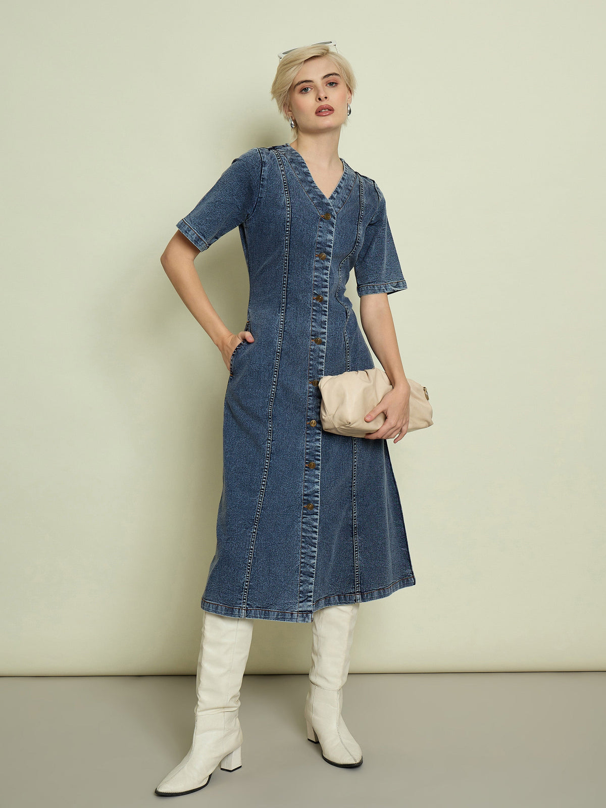 Blue Blast Denim V Neck Midi Dress-SASSAFRAS