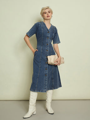 Blue Blast Denim V Neck Midi Dress-SASSAFRAS