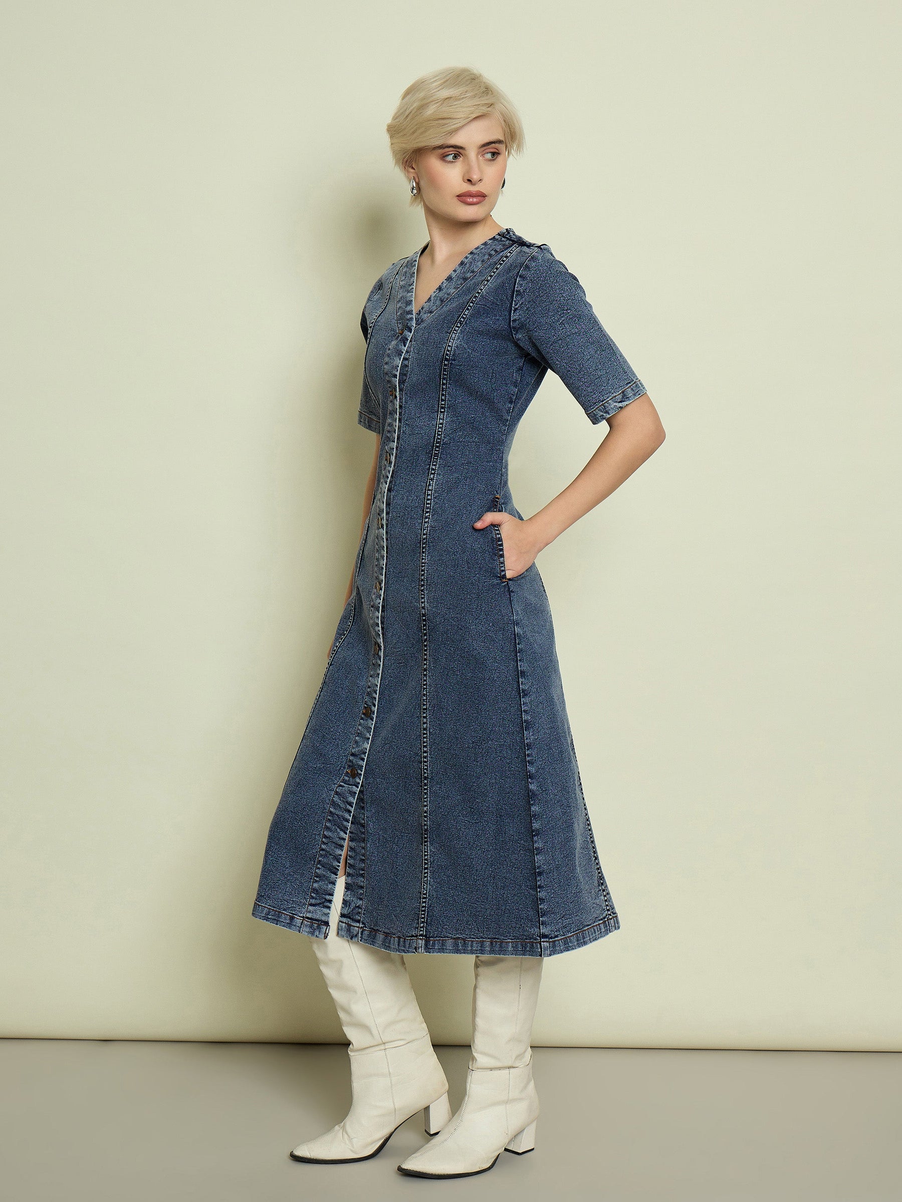 Blue Blast Denim V Neck Midi Dress-SASSAFRAS