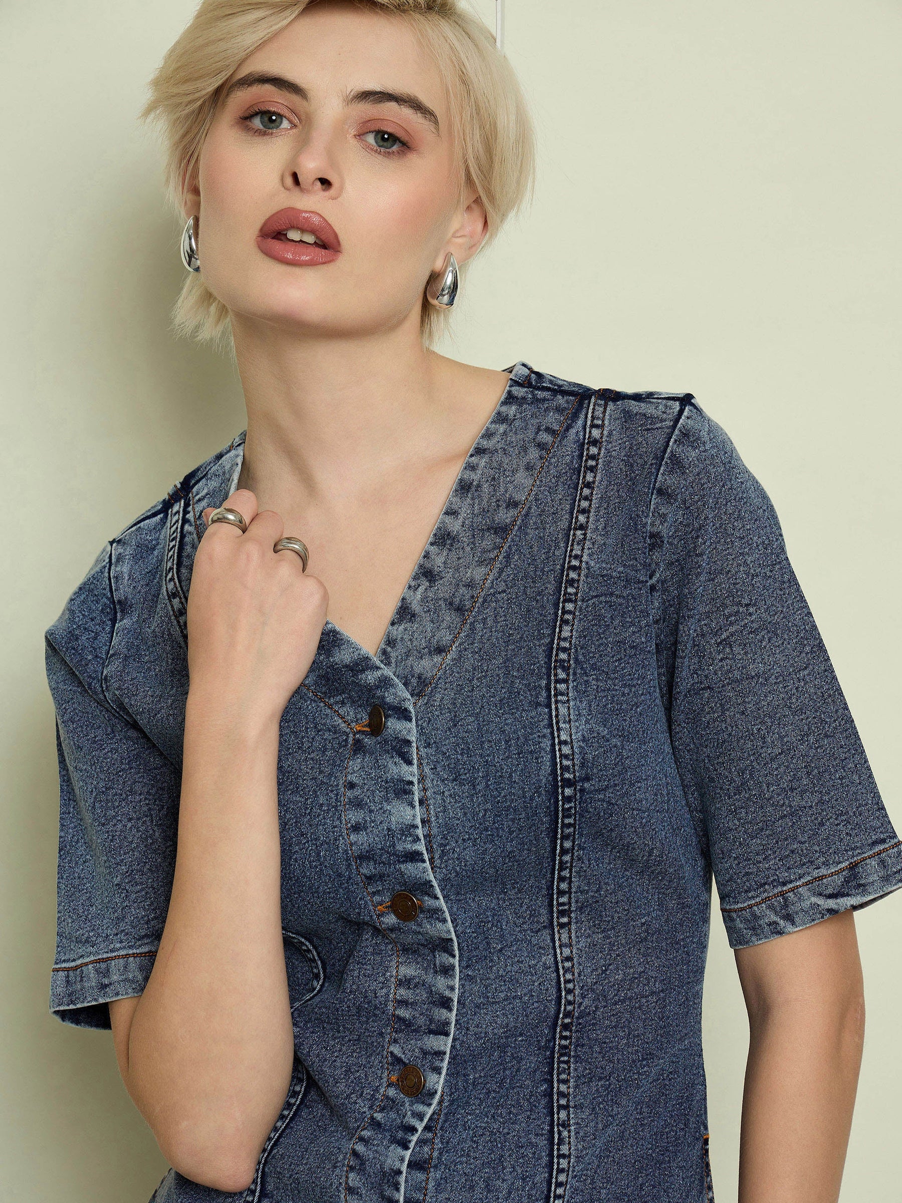 Blue Blast Denim V Neck Midi Dress-SASSAFRAS