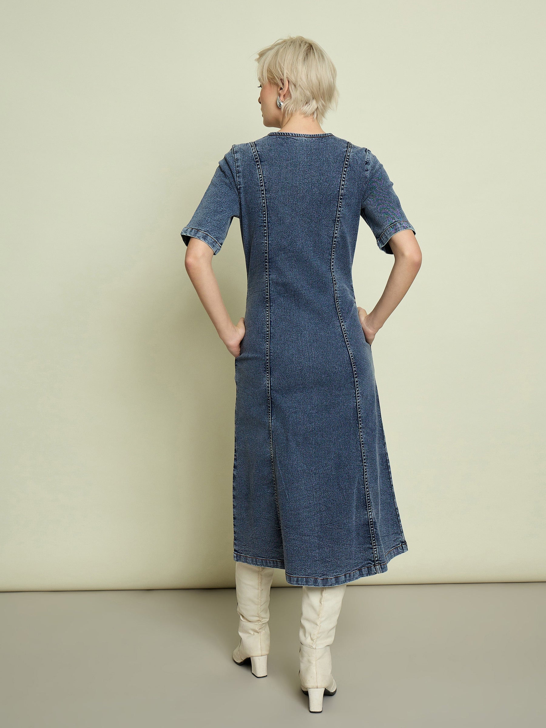 Blue Blast Denim V Neck Midi Dress-SASSAFRAS