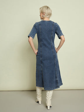 Blue Blast Denim V Neck Midi Dress-SASSAFRAS