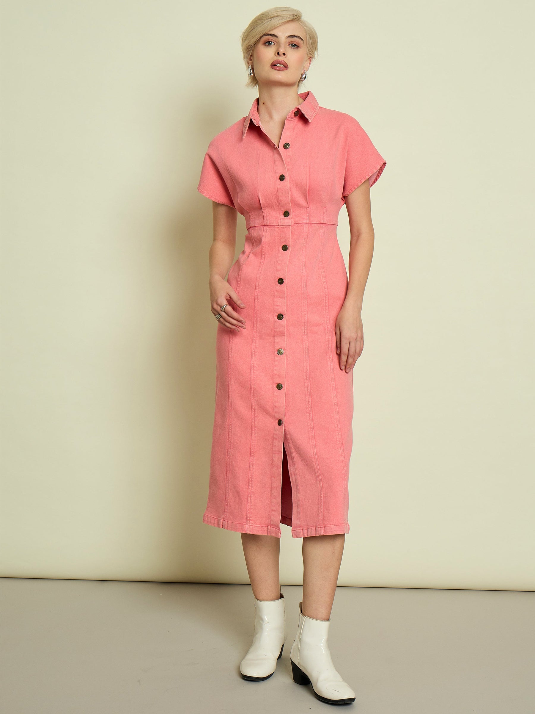 Women Pink Denim Kimono Sleeves Midi Dress - Main Image