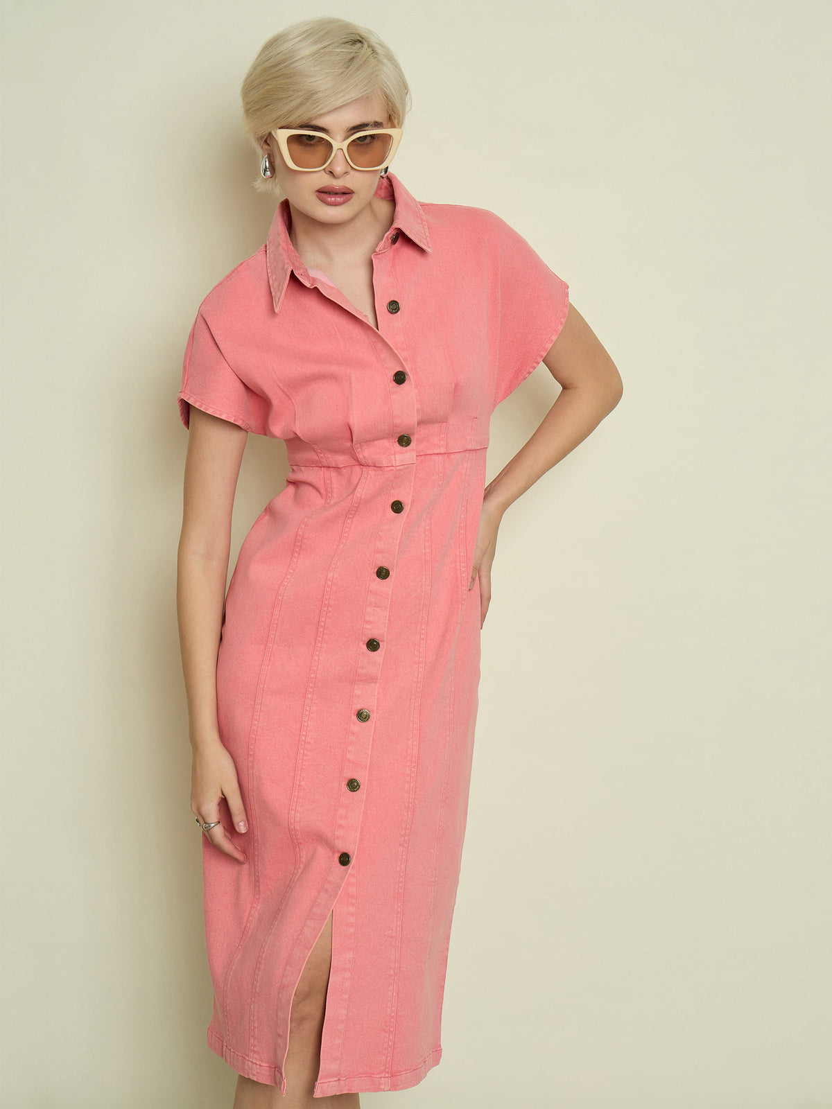 Pink Denim Kimono Sleeves Midi Dress-SASSAFRAS