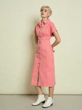 Pink Denim Kimono Sleeves Midi Dress-SASSAFRAS