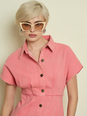 Pink Denim Kimono Sleeves Midi Dress-SASSAFRAS