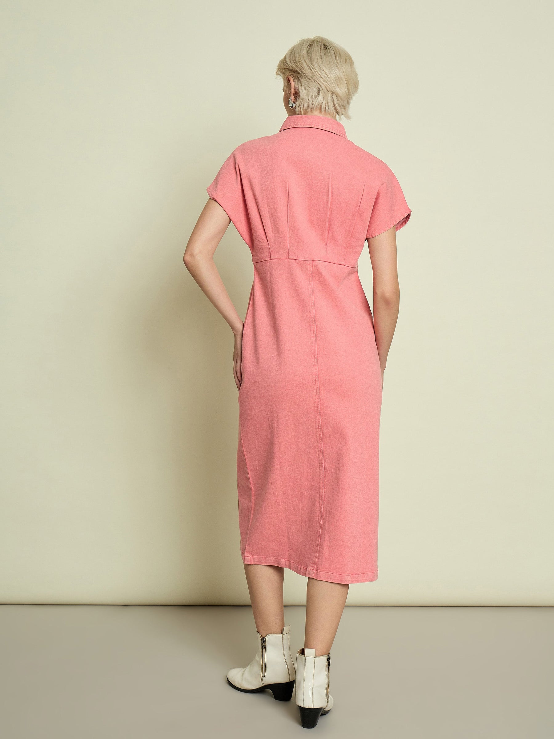 Pink Denim Kimono Sleeves Midi Dress-SASSAFRAS