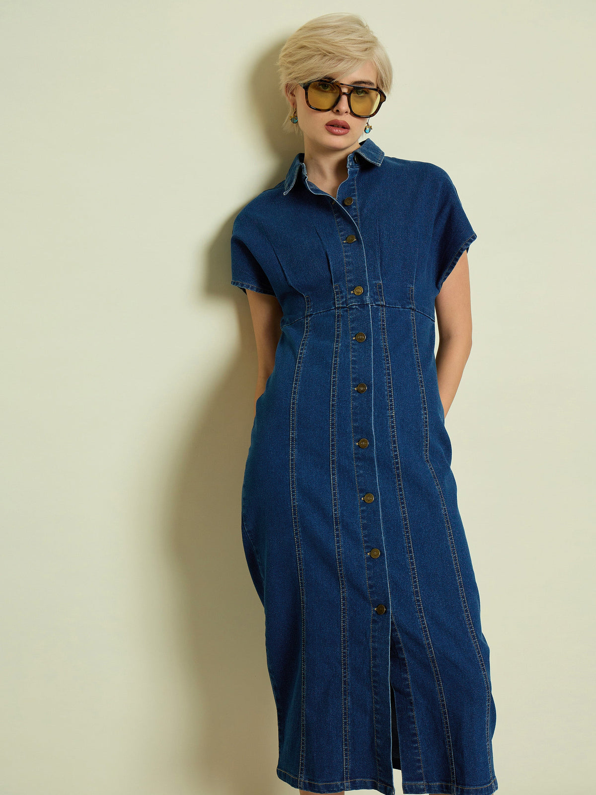 Blue Denim Kimono Sleeves Midi Dress-SASSAFRAS