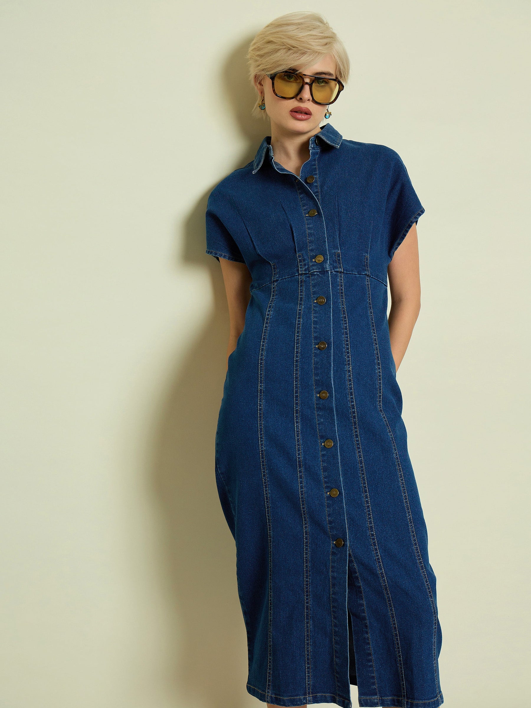 Blue Denim Kimono Sleeves Midi Dress-SASSAFRAS