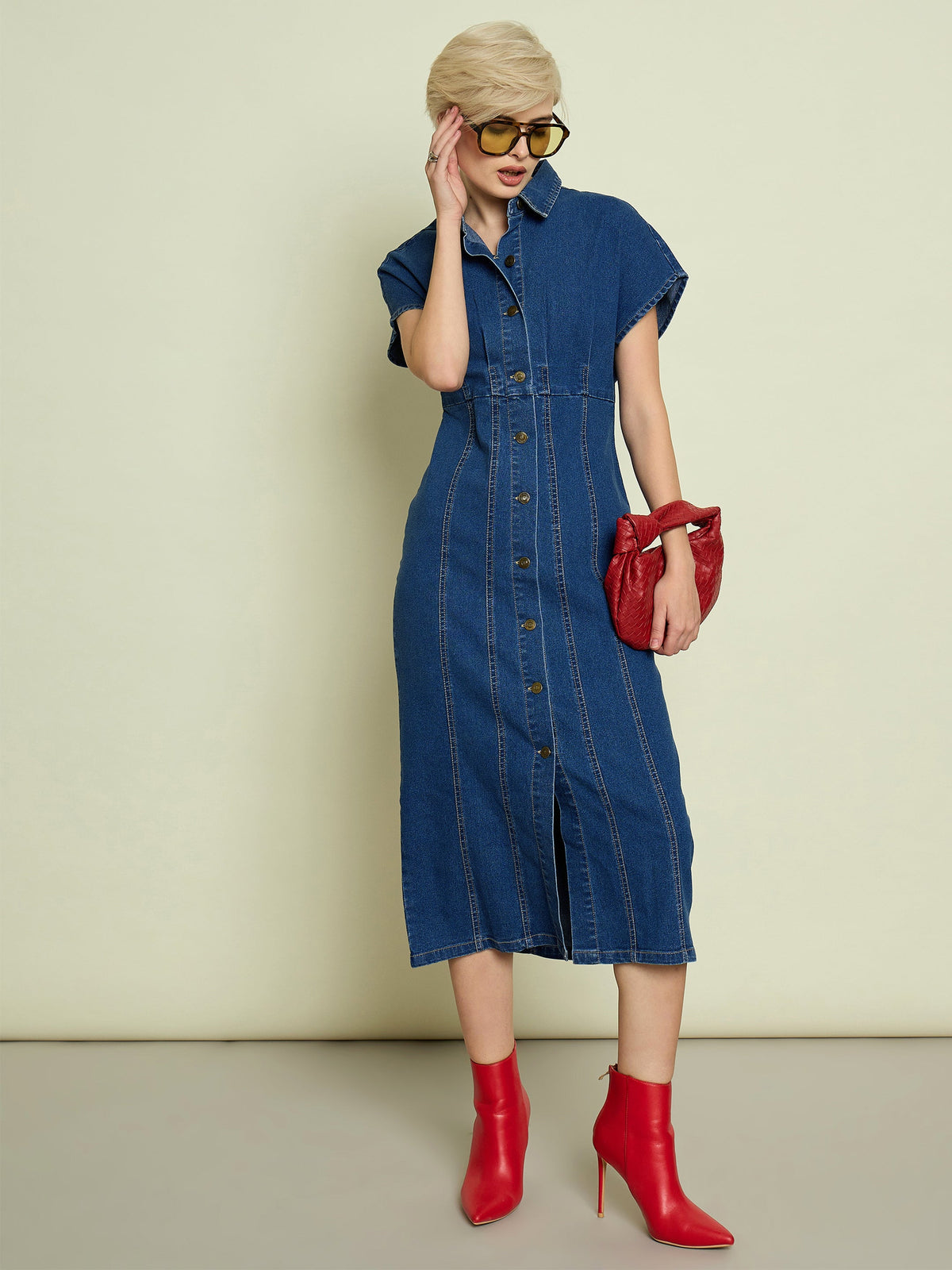 Blue Denim Kimono Sleeves Midi Dress-SASSAFRAS