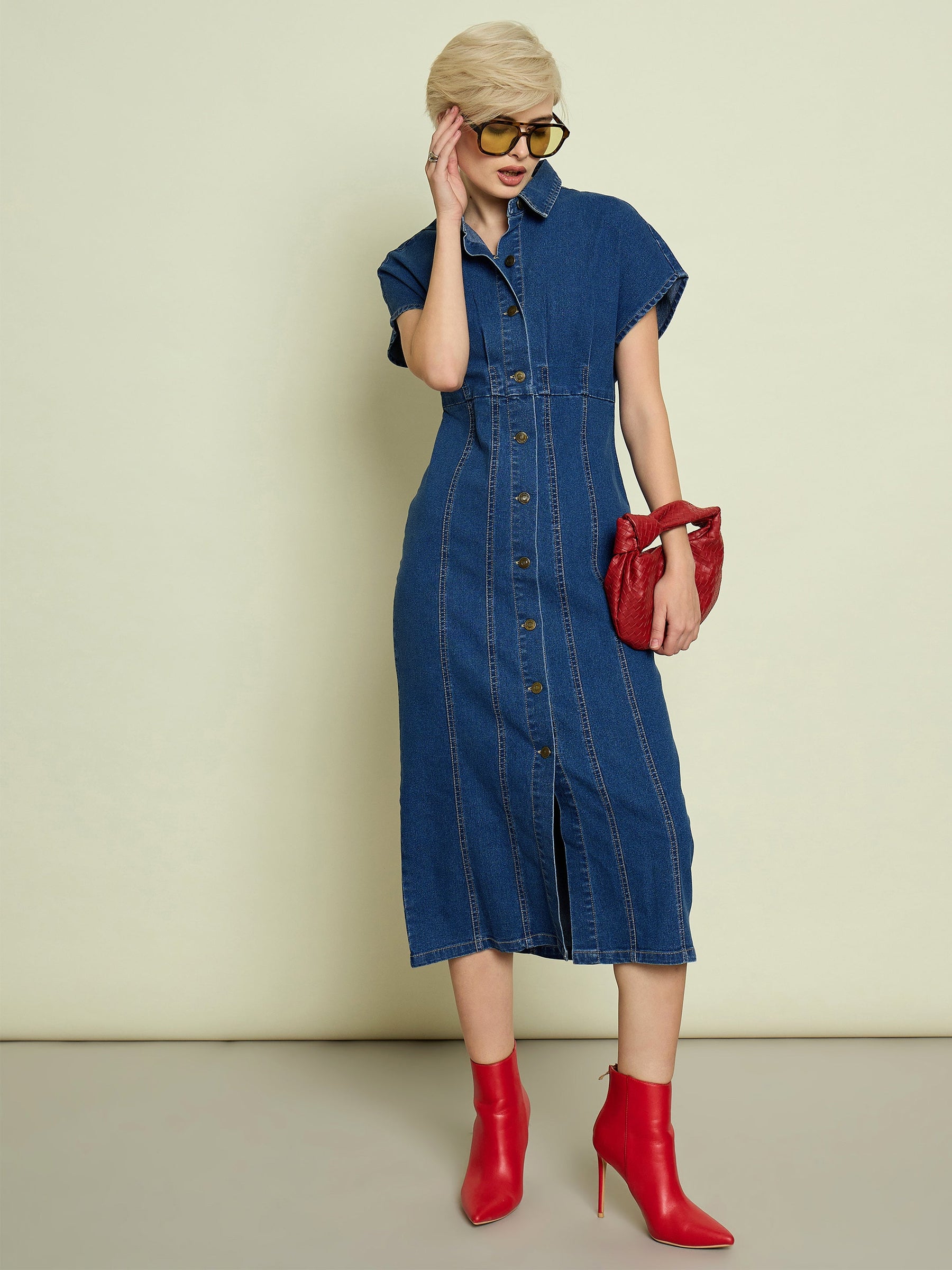 Buy Women Blue Denim Kimono Sleeves Midi Dress Online at Best Price