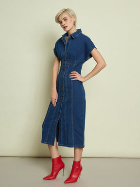 Blue Denim Kimono Sleeves Midi Dress-SASSAFRAS