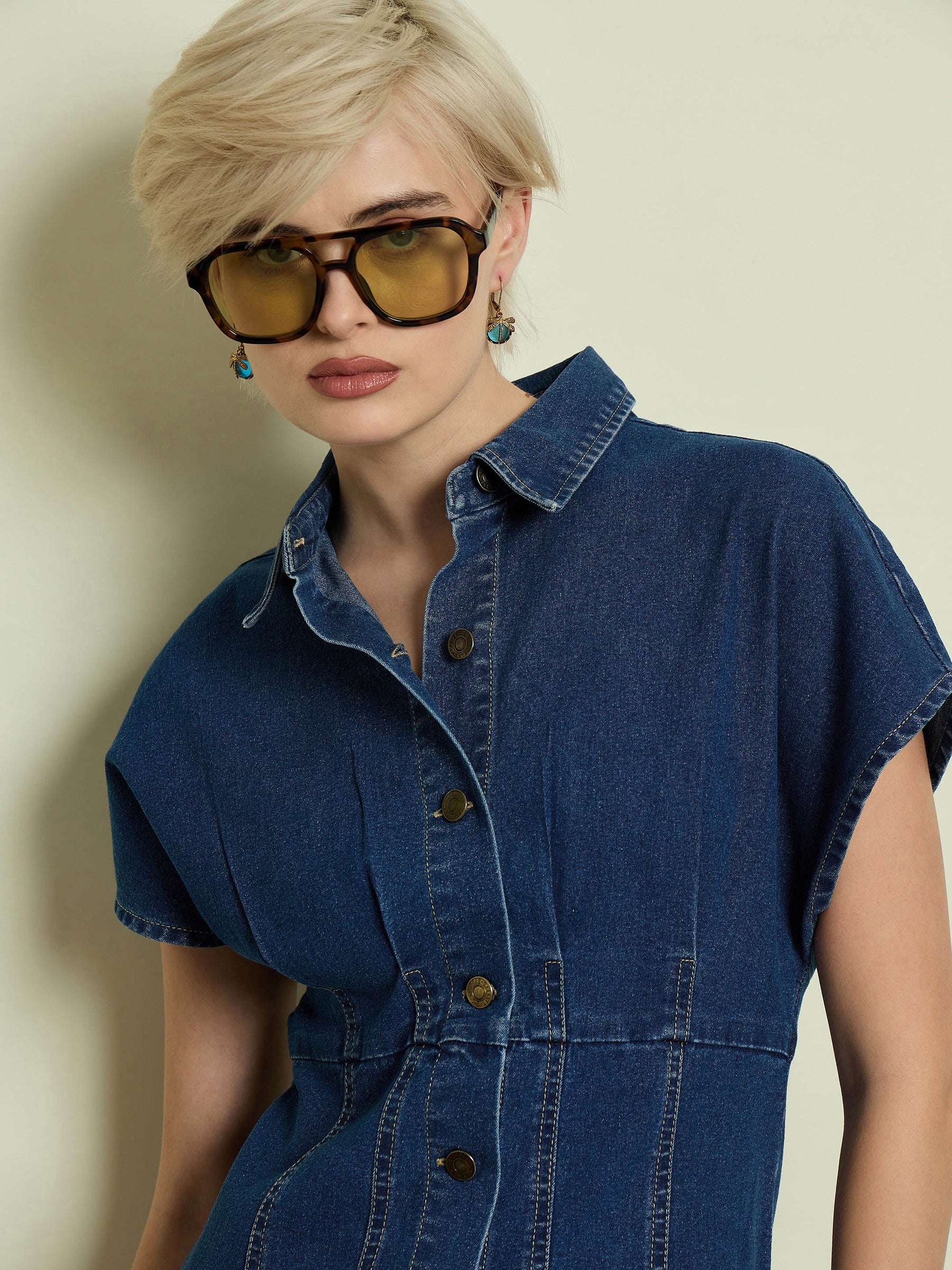 Blue Denim Kimono Sleeves Midi Dress-SASSAFRAS