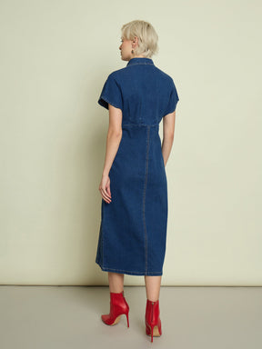 Blue Denim Kimono Sleeves Midi Dress-SASSAFRAS