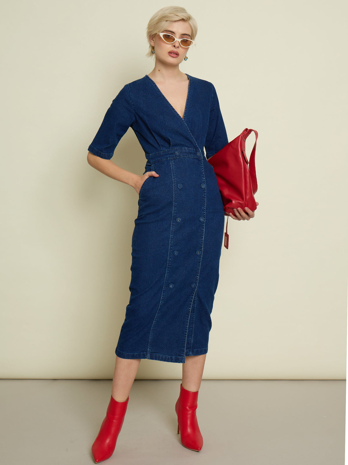 Navy Blue Denim Wrap Neck Midi Dress-SASSAFRAS