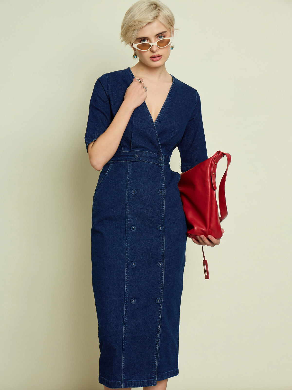 Navy Blue Denim Wrap Neck Midi Dress-SASSAFRAS