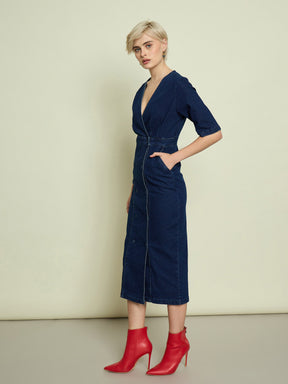 Navy Blue Denim Wrap Neck Midi Dress-SASSAFRAS