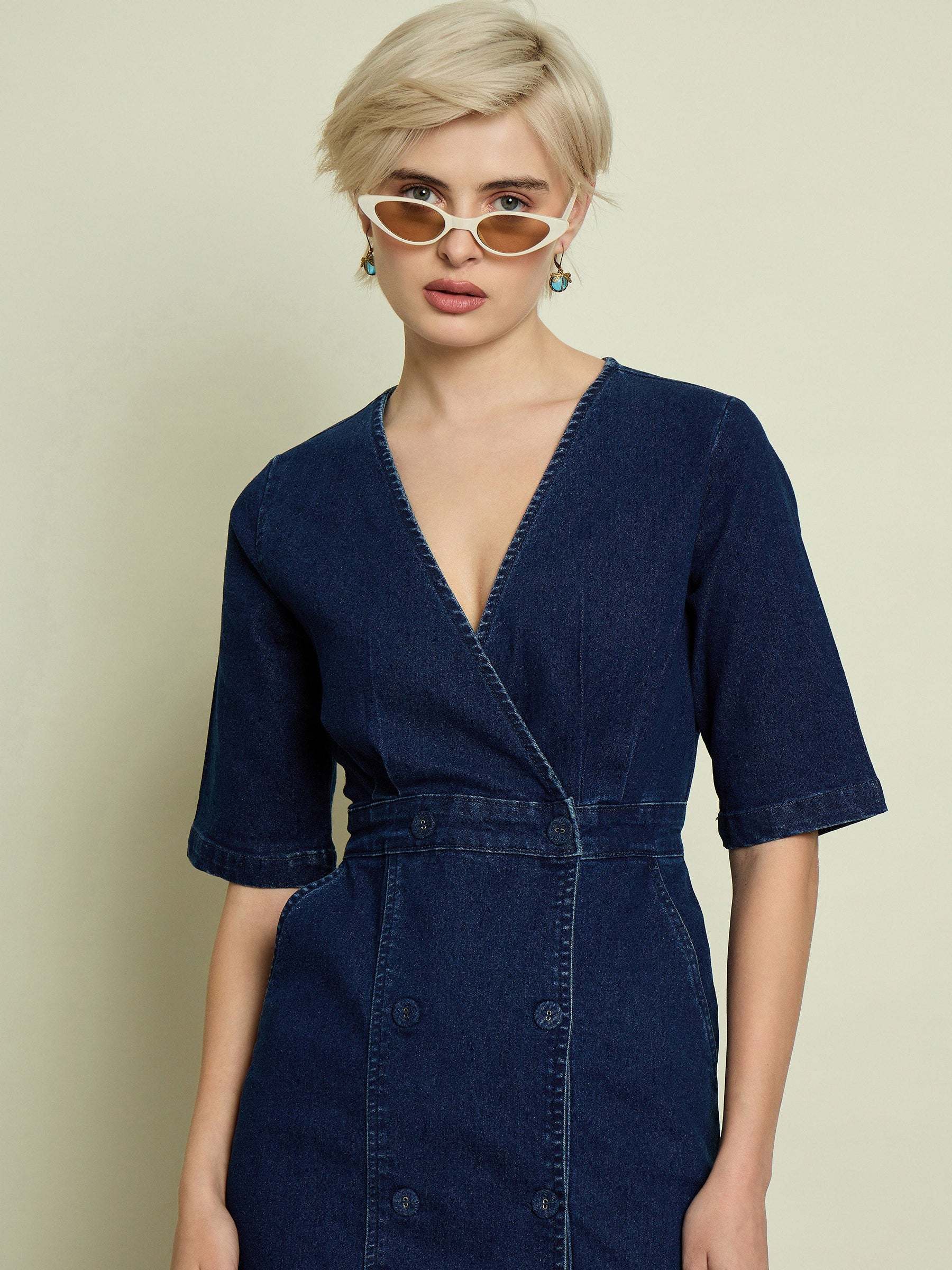 Navy Blue Denim Wrap Neck Midi Dress-SASSAFRAS