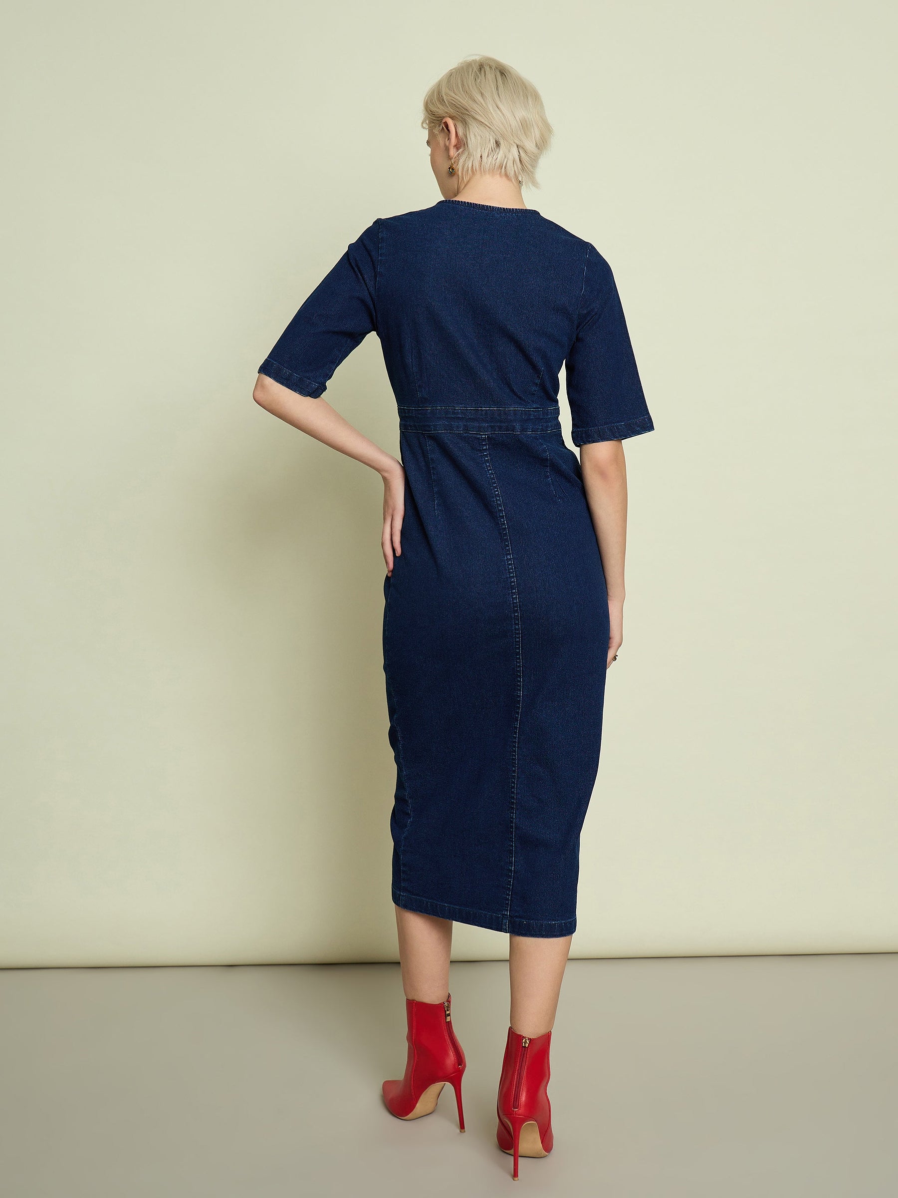 Navy Blue Denim Wrap Neck Midi Dress-SASSAFRAS