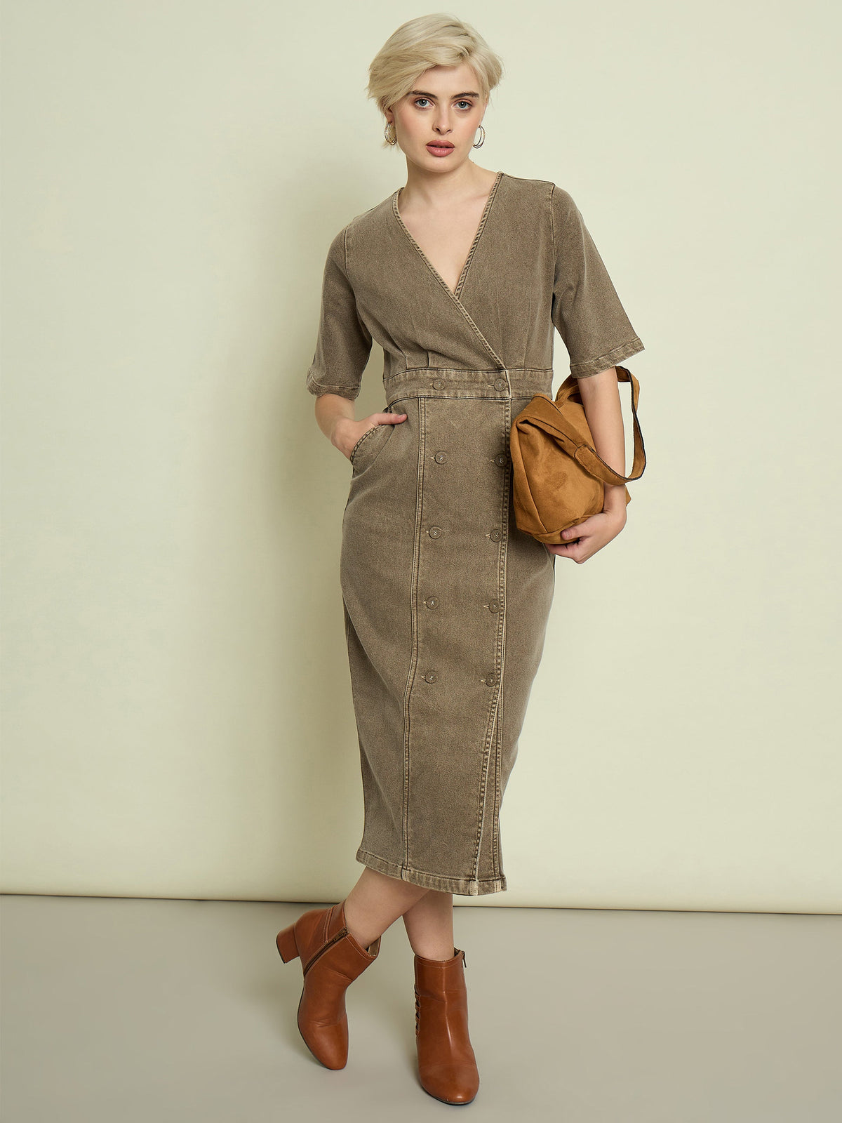 Beige Denim Wrap Neck Midi Dress-SASSAFRAS