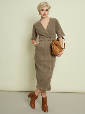 Beige Denim Wrap Neck Midi Dress-SASSAFRAS