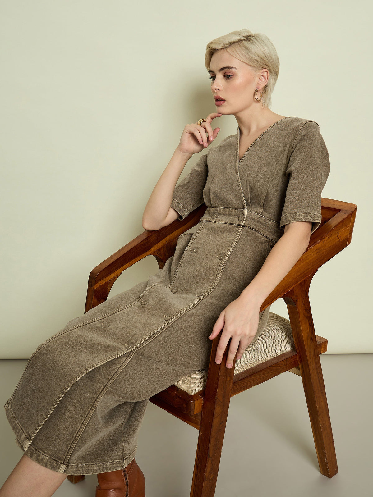 Beige Denim Wrap Neck Midi Dress-SASSAFRAS