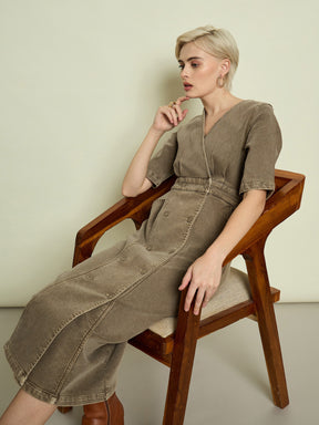 Beige Denim Wrap Neck Midi Dress-SASSAFRAS