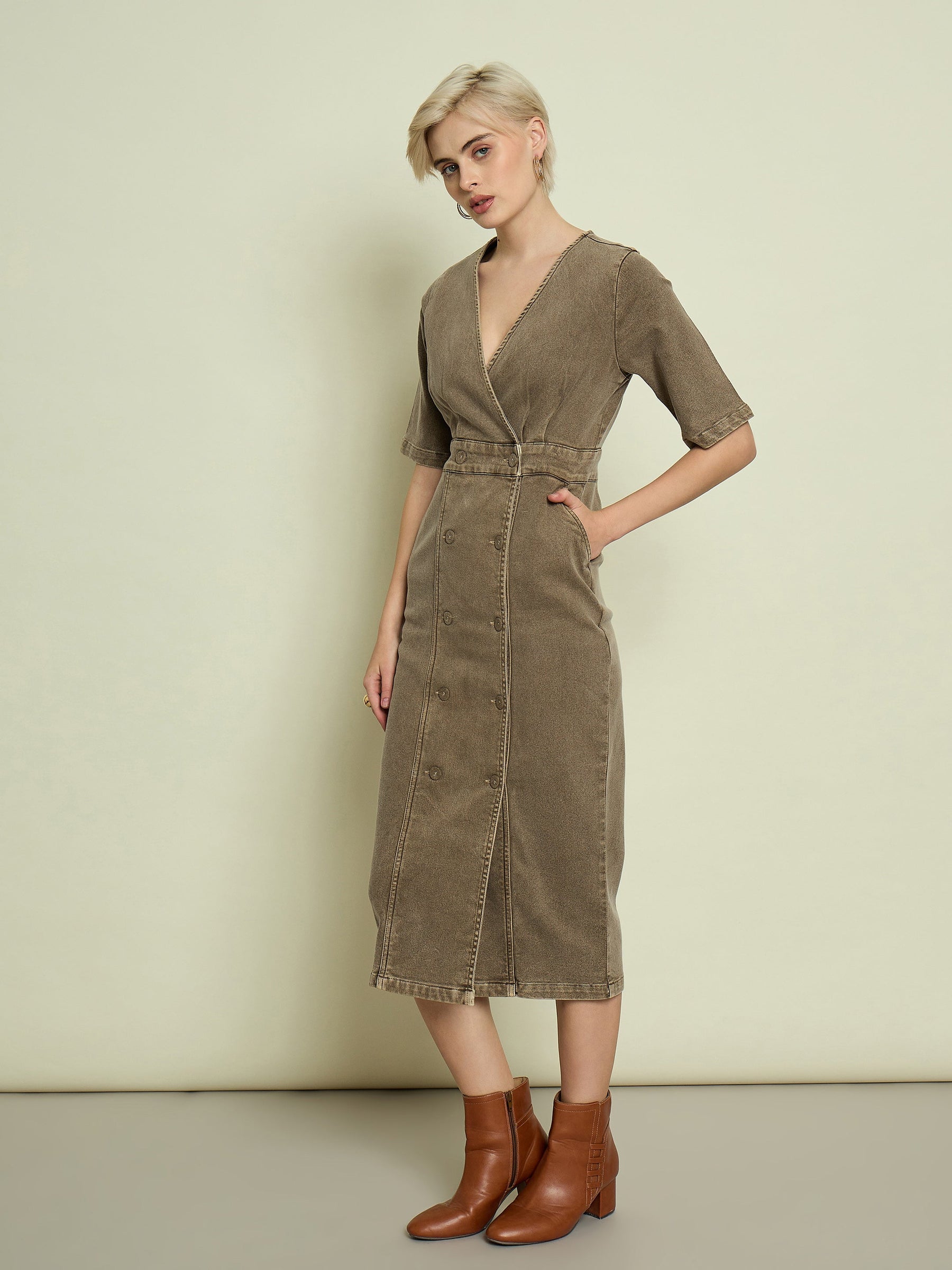 Beige Denim Wrap Neck Midi Dress-SASSAFRAS