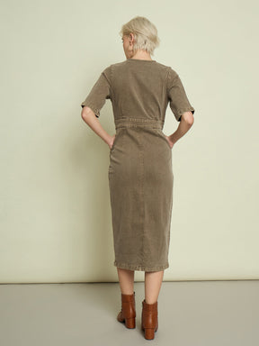 Beige Denim Wrap Neck Midi Dress-SASSAFRAS