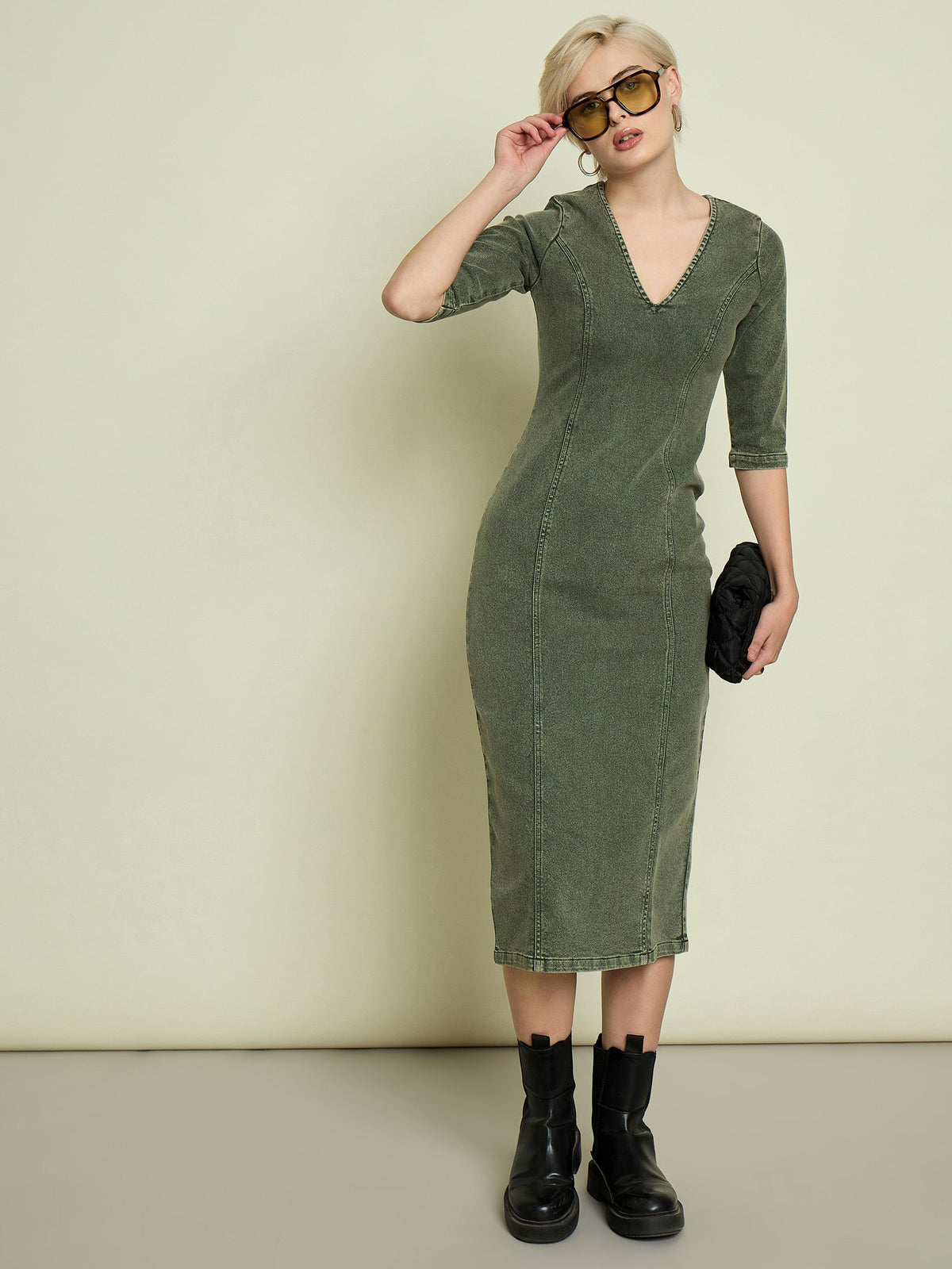 Olive Denim V Neck Midi Dress-SASSAFRAS