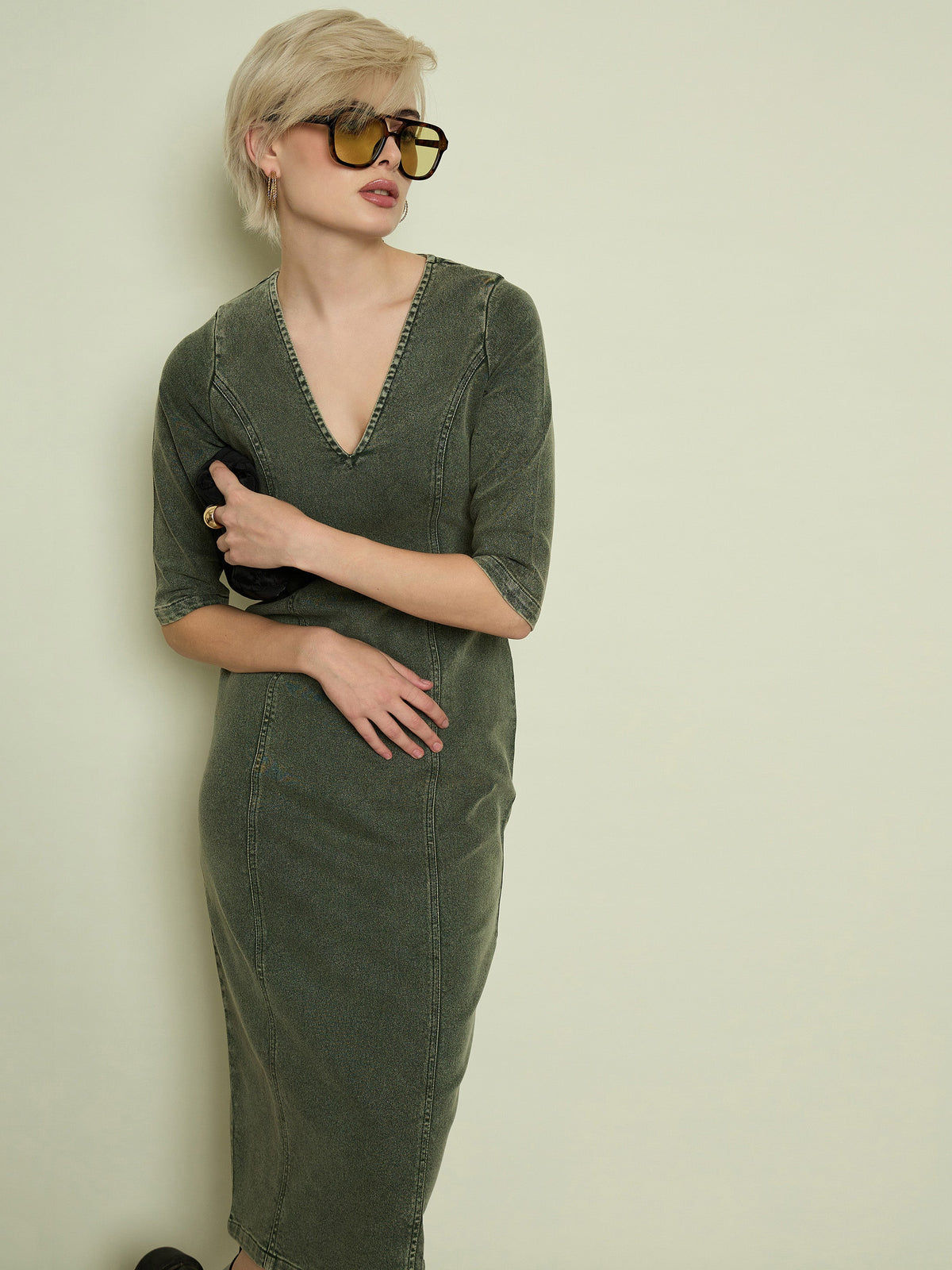Olive Denim V Neck Midi Dress-SASSAFRAS