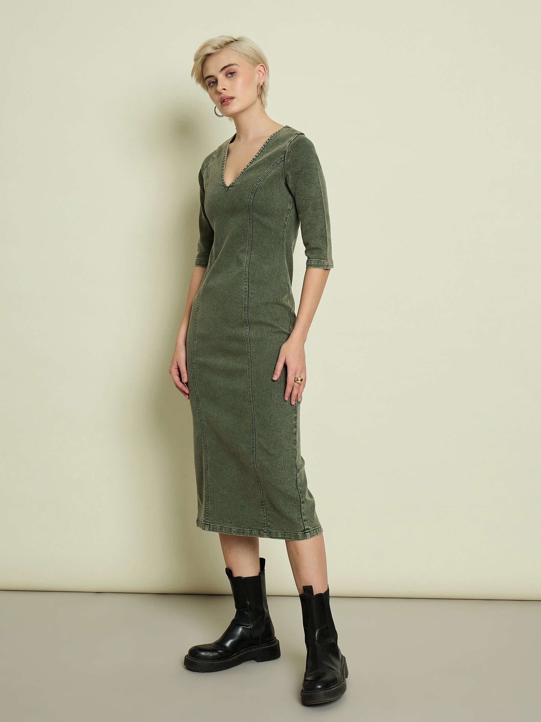 Olive Denim V Neck Midi Dress-SASSAFRAS