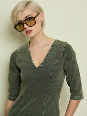 Olive Denim V Neck Midi Dress-SASSAFRAS