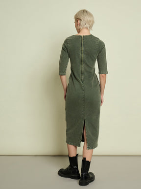 Olive Denim V Neck Midi Dress-SASSAFRAS