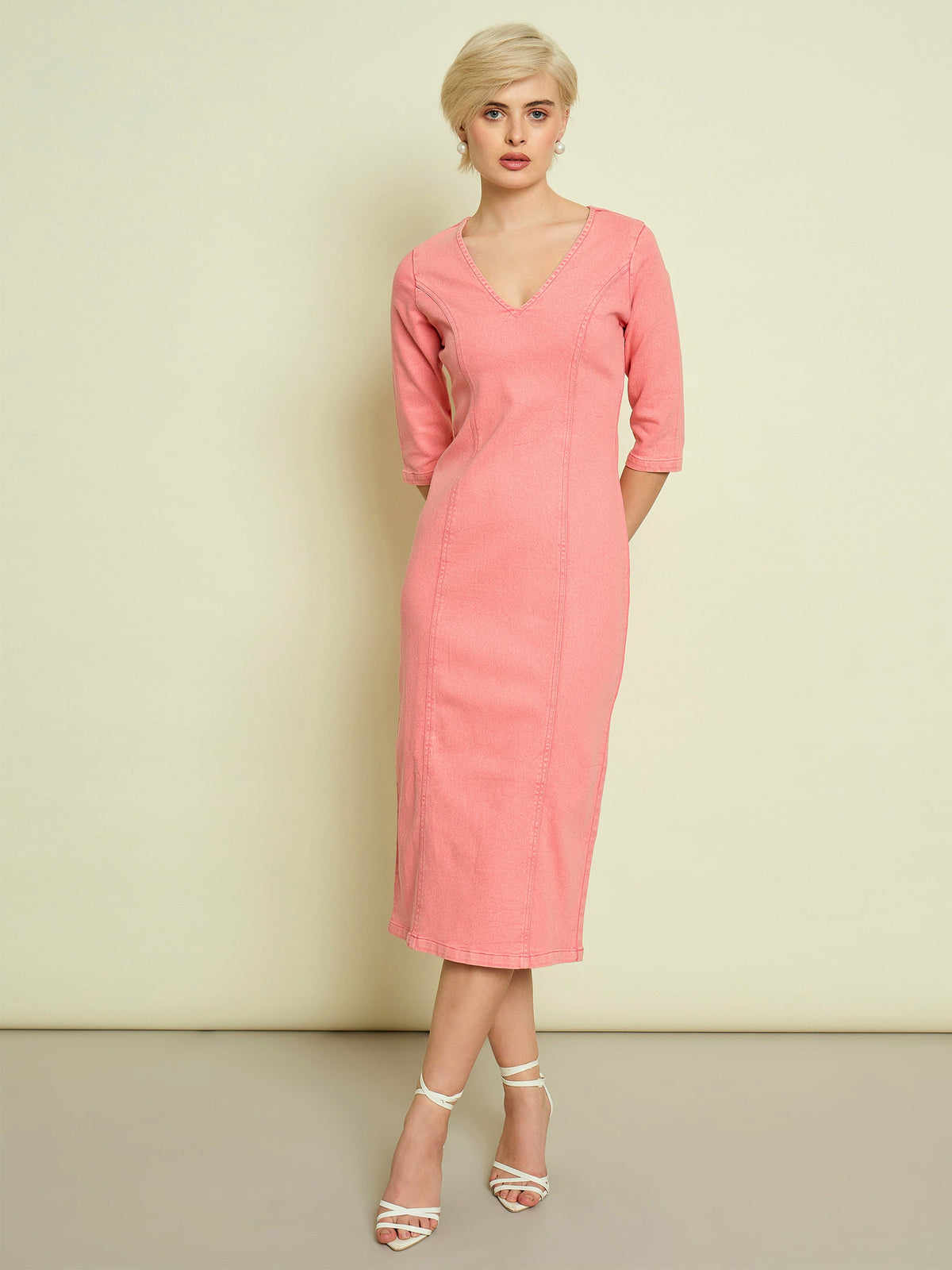 Pink Denim V Neck Midi Dress-SASSAFRAS