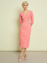 Pink Denim V Neck Midi Dress-SASSAFRAS