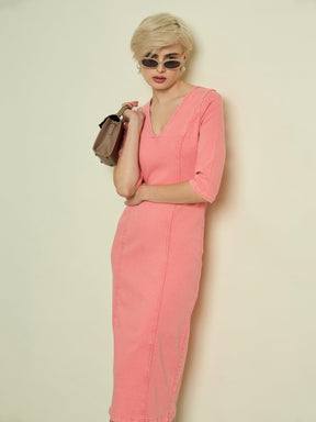 Pink Denim V Neck Midi Dress-SASSAFRAS