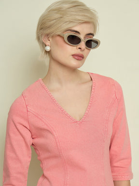 Pink Denim V Neck Midi Dress-SASSAFRAS