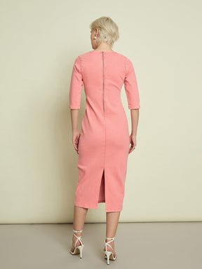Pink Denim V Neck Midi Dress-SASSAFRAS