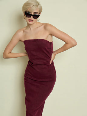 Burgundy Denim Tube Dress-SASSAFRAS