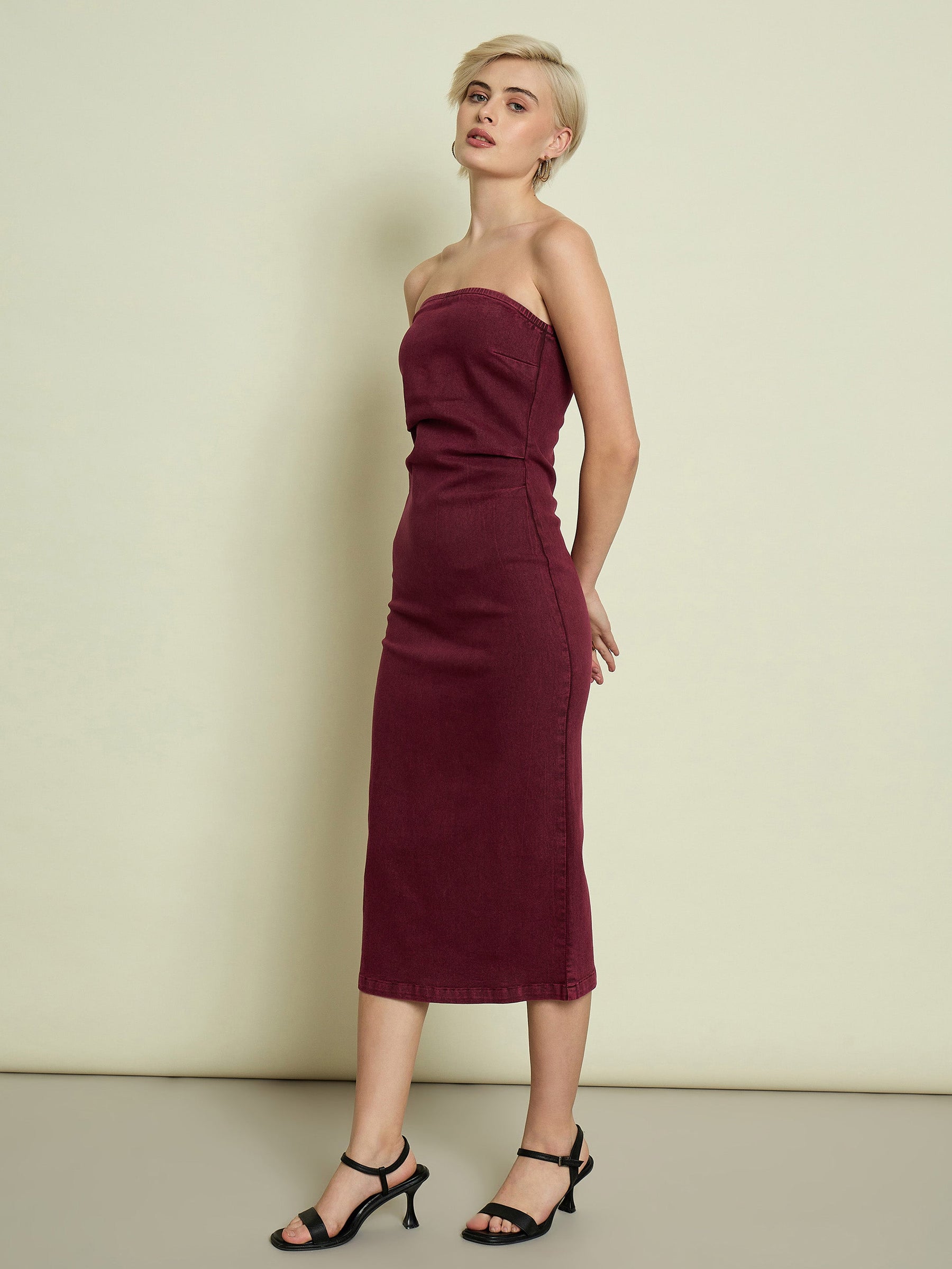 Burgundy Denim Tube Dress-SASSAFRAS