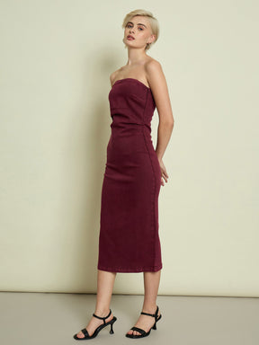 Burgundy Denim Tube Dress-SASSAFRAS