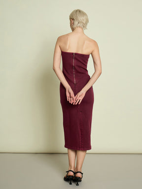 Burgundy Denim Tube Dress-SASSAFRAS